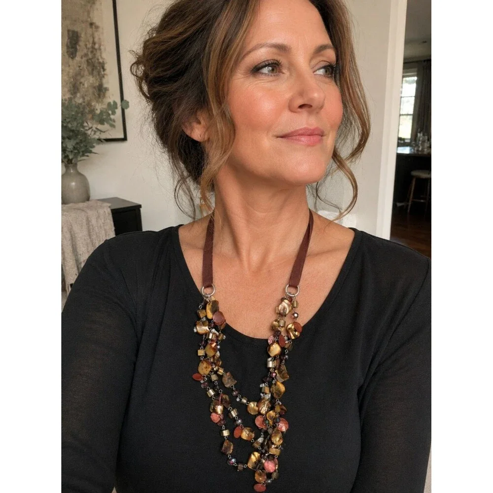 Boho Multi Strand Shell Bead Statement Necklace, Earth Tone Chunky Jewelry